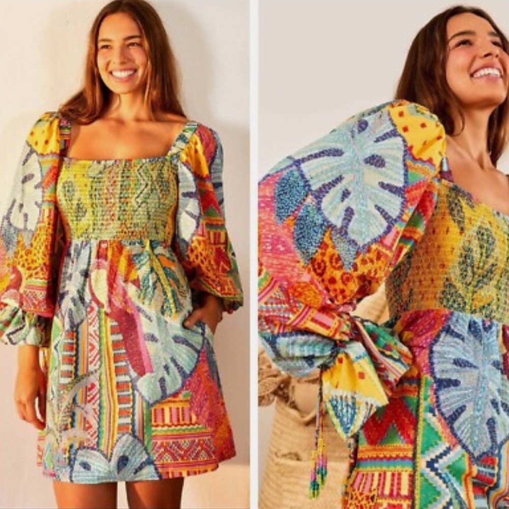 Farm Rio Summer Tapestry Smocked Mini Dress